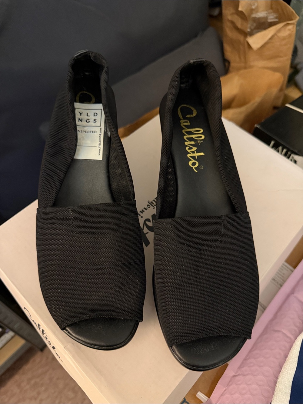 Callisto Black Open-Toe Wedge Slip-Ons